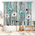 Cortina corta de cocina rústica con margaritas de madera, estampado floral campestre. - Cortinas 66x91cm (Dos Piezas) / CL-004