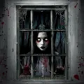 Gruselige Halloween-Fensterdekoration aus Stoff mit einer Horror-Frau und Blutspritzern - Bluttränen Geisterfrau (C-009) / 120x80cm