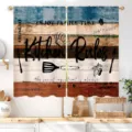 Rustic wood grain short kitchen curtains featuring Kitchen Rules slogan and utensil prints - 66x91cm (2 Panels) / Rustic Colorful Wood Grain Slogan (CL-002)