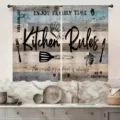 Rustic kitchen rules short cafe curtains with vintage wood grain and utensil print - 66x91cm (2 Panels) / Splice Retro Wood Grain Kitchen Elements (CL-003)