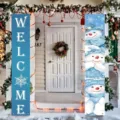 Festive blue Christmas porch banners featuring cute stacked snowmen and white Welcome text - Blue Snowman and Snowflake Pattern (SDL-010) / 30x150cm