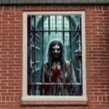 Gruselige Zombie-Geist Fensterdeko für Halloween-Partys und Spukhäuser - Geisterfrau Im Käfig (C-010) / 120x80cm