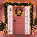 Festive pink and white striped Merry Christmas porch banners with Santa and snowman patterns - Retro Santa and Snowman Pattern (SDL-011) / 30x150cm