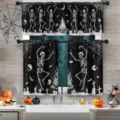 Halloween kitchen curtain set with white skeleton and ghost prints on black background - Valance 138x45cm / Pattern Style CL-009
