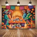 Mexican Day of the Dead party backdrop featuring colorful sugar skulls and marigolds - 95x75cm