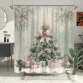 Weihnachts-Duschvorhang mit Aquarell-Weihnachtsbaum und rosa Schleifen-Design - Weihnachtsbaum mit rosa Schleife (YL-002) / 90x180cm