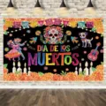 Day of the Dead backdrop with sugar skull and marigold flowers for Mexican party décor - Mexican Day of the Dead Skull Print Backdrop (SBJ-002) / 95x75cm