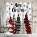 Festlicher Weihnachts-Duschvorhang mit Aquarellbäumen und Merry Christmas Aufdruck - Weihnachtsbaum mit Karomuster (YL-004) / Einzelner Duschvorhang 90x180cm