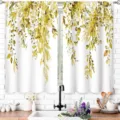 Fresh white kitchen short curtains with watercolor yellow eucalyptus leaf print pattern - 2 Pieces/Pack (66x91cm) / Watercolor Eucalyptus Leaf Style (CL-010)
