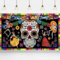 Vibrant Mexican Day of the Dead backdrop featuring large sugar skull and dancing skeletons - Skeleton Party Style (SBJ-005) / 95x75cm
