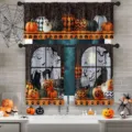 Halloween kitchen curtain 3-piece set featuring pumpkin and black cat festive print - Valance 138x45cm / Pattern Style CL-010