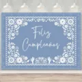 Blue Mexican style Happy Birthday party backdrop with floral and cactus patterns - SBJ-004 / 95x75cm / Blue