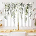 Watercolor eucalyptus leaf kitchen short curtains with cotton pattern for rustic home decor - 2 Pieces/Pack (66x91cm) / Watercolor Eucalyptus and Cotton Ball Style (CL-011)