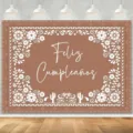Mexican-style brown birthday party backdrop with white floral and cactus patterns - SBJ-001 / 95x75cm