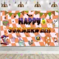 Pancarta de fondo de fiesta de Halloween de verano decoración rosa naranja a cuadros tela de foto - SBJ-012 / 95x75cm