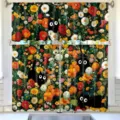 Spring floral kitchen curtain set with cartoon black cat pattern for farmhouse decor. - Style CL-007 / Valance 138x45cm