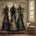 Vintage Duschvorhang mit Weihnachtsbaum-Druck Karoschleifen und Beeren - Vintage Karierter Weihnachtsbaum (YL-003) / 90x180cm