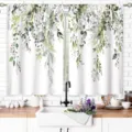 Short watercolor eucalyptus leaf kitchen curtains with trailing greenery design - 2 Pieces/Pack (66x91cm) / 绿色水彩尤加利叶款(CL-014)