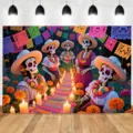 Festive Day of the Dead photography backdrop featuring colorful sugar skulls and marigold flowers - Mexican Day of the Dead Sugar Skull Backdrop (SBJ-011) / 95x75cm