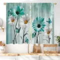 Cortina corta de cocina rústica de madera turquesa con margaritas y mariposas estampado floral - Estilo de Patrón CL-008
