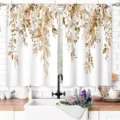 Watercolor eucalyptus leaf pattern kitchen short curtains in rustic nordic pastoral style - 2 Pieces/Pack (66x91cm) / Watercolor Eucalyptus Leaf Style (CL-015)