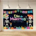 Zwarte Dia de Muertos fotografie achtergrond met schedel skeletten en goudsbloemen - Multicolor Suikerschedel Printstijl (SBJ-006) / 95x75cm