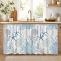 Kitchen half curtain with a blue starfish and coral print for sink cabinet cover. - X-016 / 140x82cm