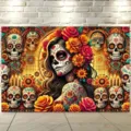 Levendige Mexicaanse Dag van de Doden achtergrond met suikerschedels en goudsbloemen - 95x75cm