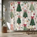 Christmas shower curtain featuring watercolor Christmas tree prints and festive red bows - Pink Bow Christmas Tree (YL-007) / Single Shower Curtain 90x180cm