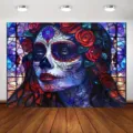 Mexicaanse Dag van de Doden achtergrond met kleurrijke schedel en glas-in-lood design - Kleurrijke Suikerschedel Achtergrond (SBJ-009) / 95x75cm