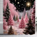 Holiday Christmas shower curtain featuring pink snowy pine forest watercolor print - Pink and Green Snowy Forest (YL-009) / Single Shower Curtain 90x180cm