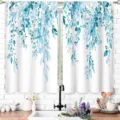 Elegant watercolor blue eucalyptus leaf print short kitchen cafe curtains on white fabric - 2 Pieces/Pack (66x91cm) / Blue Watercolor Eucalyptus (CL-019)