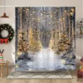 Christmas shower curtain with watercolor snowy forest and tree print for festive bathroom décor - Dreamy Snow forest with Lights (YL-010) / Single Shower Curtain 90x180cm