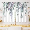 Pair of short kitchen curtains with watercolor cascading eucalyptus leaf pattern - 2 Pieces/Pack (66x91cm) / Watercolor Purple Eucalyptus (CL-020)