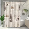 Watercolor Christmas shower curtain with reindeer and pine trees for winter bathroom decor - Reindeer Cabin Snowy Christmas Tree (YL-012) / Single Shower Curtain 90x180cm