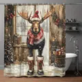 Watercolor Christmas moose shower curtain with Santa hat and plaid scarf decor - Snow Scene Anthropomorphic Reindeer (YL-014) / Single Shower Curtain 90x180cm