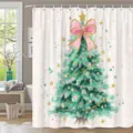 Watercolour Christmas tree shower curtain with pink bow for festive holiday bathroom decor - Pink Bow Watercolor Christmas Tree (YL-016) / 90x180cm