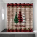 Weihnachts-Duschvorhang mit rot-schwarzem Karomuster und rustikalen Holzbäumen - Einzelner Duschvorhang 90x180cm / Karomuster Weihnachtsbaum (YL-008)