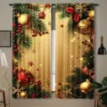 Cortinas navideñas festivas con agujas de pino y adornos dorados para decoración del hogar. - Bayas de Pino Doradas (CL-008)