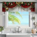 Festive red and green Christmas window valance with gold ornaments and pine branches - 138x45cm / CM-015 (Red, Green & Gold Ornaments)