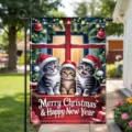 Festive Christmas garden flag with three cute kittens in Santa hats design. - Christmas Cats (Q-011) / 30x45cm