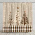 Rustikaler Weihnachts-Duschvorhang mit braunem Karomuster und stilisierten Tannenbäumen - 3-teiliges Badezimmer-Set / Festlicher Druck (YL-009)