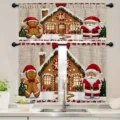 Tende da cucina natalizie con Babbo Natale e omino di pan di zenzero in scena festiva - Mantovana 138x45cm / Omino di Pan di Zenzero e Capanna di Neve (CL-006)