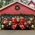 Festive Christmas garage door banner featuring a large red bow and gold ornaments. - Red Bow Green Pine Branches (CK-013) / 400x180cm