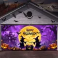 Halloween Garagentor Banner mit Hexen und Kürbissen sowie Happy Halloween Motivdruck. - Hexenkessel und Mondkürbis (CK-003) / 150x100cm
