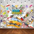 Levendige back to school foto achtergrond met gele bus en gekleurde potloden voor kids - SBJ-006