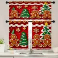 Weihnachtliches Küchenvorhang-Set in Rot mit Lebkuchenmann- und Tannenbaum-Motiv - Schabracke 138x45cm / Stil 009