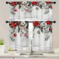 Set di tende da cucina natalizie con stampa festiva di stelle di Natale e bacche - Mantovana 138x45cm / Stella di Natale Rossa (CL-007)