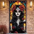 Decorative Day of the Dead door banner featuring a skull woman with red roses and candles - Style 9 / 90x180cm