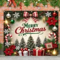 Large Christmas garage door banner with festive trees and gift decorations. - Classic Red Green Merry Christmas Style (CK-001) / 400x180cm